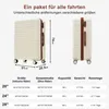 A size chart for a set of luggage, showing dimensions, capacity, weight, and travel days for different sizes. Náhľad obrázku produktu