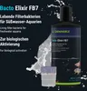 A bottle of Dennerle Bacto Elixir FB7 with a measuring cup, set against a dark background with water splashes and fish graphics. Produktbild-Vorschau