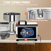 A stainless steel tomato press with a cutaway showing the motor, placed on a countertop. Produktbild-Vorschau