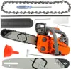 A collection of chainsaw parts and accessories laid out on a white background. Produktbild-Vorschau