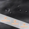 A close-up of a dark gray fabric with water droplets on it, indicating waterproof properties. Below the fabric, there are three sections with icons and text highlighting product features. Produktbild-Vorschau