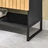 A close-up view of the lower part of a cabinet, showing its metal legs, a shelf, and part of a slatted wooden door. Podgląd zdjęcia produktu