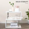 A white S-shaped side table with decorative items and books on it, with text highlighting its stability. Produktbild-Vorschau