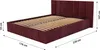 A burgundy upholstered bed frame with a slatted mattress base, shown with dimensions indicated by measurement lines and text. Produktbild-Vorschau