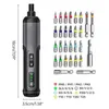 A cordless screwdriver and its accessories are displayed against a white background, with dimensions and labels provided. Voir les images du produit