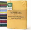 A stack of folded fitted sheets in various colors, with a yellow fitted sheet prominently displayed in the foreground with product information. Produktbild-Vorschau