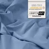A close-up view of blue fabric with a label indicating product certifications. Produktbild-Vorschau