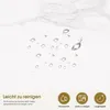 A close-up of water droplets on a white marble-like surface, with marketing icons and text at the bottom. Produktbild-Vorschau