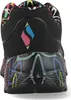 The back view of a black sneaker with colorful abstract patterns on the sole and heel collar. Náhled obrázku produktu