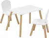 A white children's table and two chairs with natural wood legs, set against a white background. Náhled obrázku produktu