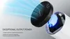 A close-up marketing image showing a black air purifier with blue air flow emanating from it, positioned next to a white component. Text describes its features. Produktbild-Vorschau
