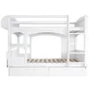 A white bunk bed with stairs, shelves, and drawers, shown against a white background. Náhled obrázku produktu