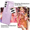 A collage of images showcasing a glittery phone case with text highlighting its protective features. Produktbild-Vorschau