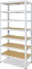 A white metal shelving unit with wooden shelves against a white background. Anteprima dell’immagine prodotto