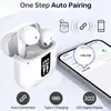 A pair of white wireless earbuds in their charging case, with a smartphone displaying the earbuds' connection status. Produktbild-Vorschau