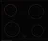 A top-down view of a black electric stovetop with four illuminated heating elements and a control symbol in the center. Produktbild-Vorschau