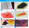 A collage of six images demonstrating the steps of DIY diamond painting. Produktbild-Vorschau