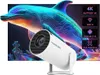 A white mini projector is shown in front of a vibrant, abstract image of a dolphin swimming in colorful water. Text overlays on the right highlight product features. Produktbild-Vorschau