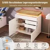 A white sideboard with open doors and drawers, displaying storage options and decorative items. The top surface has a wooden finish and is illuminated by LED lights. The image also includes icons at the bottom representing different storage uses. Podgląd zdjęcia produktu