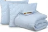 A set of light blue bedding, including two pillows and a folded comforter, is displayed against a white background. Podgląd zdjęcia produktu