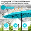 A turquoise umbrella is shown in an outdoor setting with a house in the background. Text overlays describe the umbrella's features. Produktbild-Vorschau