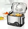 A silver and black deep fryer with a basket full of food is shown with a lid open, on a white and light gray background. There are some plates of food in the blurred background. Produktbild-Vorschau