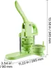 A light green button making machine is shown against a white background. Dimensions are indicated with text and lines. Produktbild-Vorschau