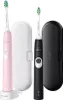 Two electric toothbrushes, one pink and one black, are displayed with their charging cases. Voir les images du produit