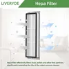 A HEPA filter is shown in front of a blurred living room background with arrows indicating airflow. Produktbild-Vorschau