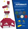 A marketing image showing the assembly steps and color options of a pop-up gazebo. Produktbild-Vorschau