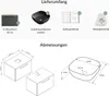 Diagrams showing the contents of a package and dimensions of a bathroom vanity and sink. Produktbild-Vorschau