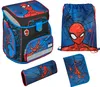 A collage of a 5-piece Spider-Man themed school set, including a backpack, a drawstring bag, and two pencil cases.