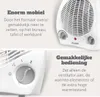 A collage of images showing a white electric heater. The top section features the heater with text about its mobility, and the bottom section shows a close-up of the control dial with text about ease of use. Anteprima dell’immagine prodotto
