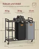A product image showing a multi-tiered laundry cart with two fabric bins and dumbbells on the top shelf, with dimensions indicated by text overlays. Produktbild-Vorschau