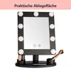 A black makeup mirror with LED lights and a base that holds makeup accessories. Produktbild-Vorschau