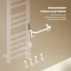 A white electric towel warmer with hooks and a shelf is shown on a light brown wall. Text overlays describe its features. Anteprima dell’immagine prodotto