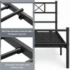 Close-up views of a black metal bed frame assembly, with instructional text. Podgląd zdjęcia produktu