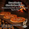 Pizzas are displayed on a wooden surface in front of a brick oven with a fire burning inside. There is text and a logo overlay on the image. Produktbild-Vorschau