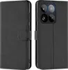 A black flip case for a smartphone is shown from the front and back. Produktbild-Vorschau