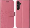 A pink flip phone case with a floral and butterfly embossed design is shown open, revealing the inside and the phone it protects. Produktbild-Vorschau