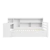 A white daybed with a bookshelf headboard and a pull-out trundle bed is shown against a white background. Produktbild-Vorschau