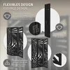 Marketing image showcasing a black, 3-panel room divider with a leaf pattern, highlighting its flexible design and foldable nature. Náhled obrázku produktu