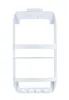 A white plastic shower caddy with three shelves and four hooks on the bottom, displayed against a white background. Produktbild-Vorschau