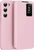 A pink flip case for a Samsung Galaxy S23 phone is shown with the smart view window displaying the time and date. Náhled obrázku produktu