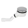 A white plastic shower drain assembly with a chrome cap and a white plastic pipe fitting, isolated on a white background. Produktbild-Vorschau