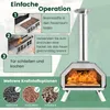 An instructional graphic showing how to operate a pizza oven, with images of the oven and fuel options. Náhled obrázku produktu