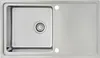 A top-down view of a stainless steel kitchen sink with a drainer and two faucet holes. Produktbild-Vorschau