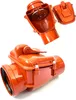 Two views of an orange plastic backwater valve, one open and one closed, against a white background. Náhľad obrázku produktu