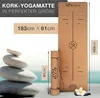 A cork yoga mat is shown unrolled and rolled up, with dimensions and branding displayed. Produktbild-Vorschau
