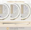 Three panels showing a mirror with different LED light colors, with a brightness slider and text below. Podgląd zdjęcia produktu